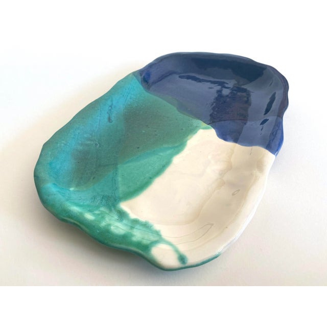 Turquoise Contemporary Organic Modernist Vintage 1997 Studio Pottery Drip Glaze Colorblock Artisan Ceramic Serving Platter For Sale - Image 8 of 13