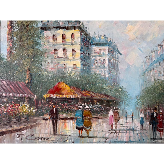1980s 1980's Vintage T. Carson Street Scene Parisian Impressionist Oil Painting on Canvas, Framed For Sale - Image 5 of 12