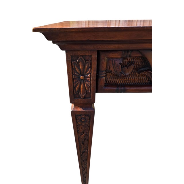 1990s Ethan Allen Mahogany Carved French Regency Sofa Hall Table Console Woven Cane For Sale - Image 9 of 18