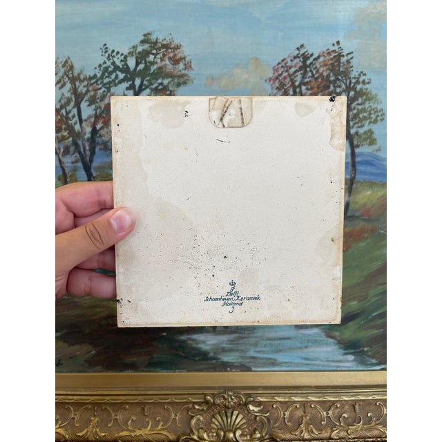 Blue Vintage Dutch Delft Blue Ceramic Tile by Schoonhoven Keramiek, Holland - Windmill and Sailboat Scene. For Sale - Image 8 of 9