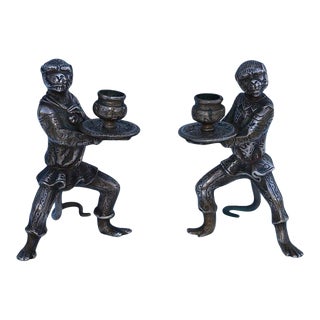 1930s French Bronze Monkey Candle Holders - A Pair For Sale