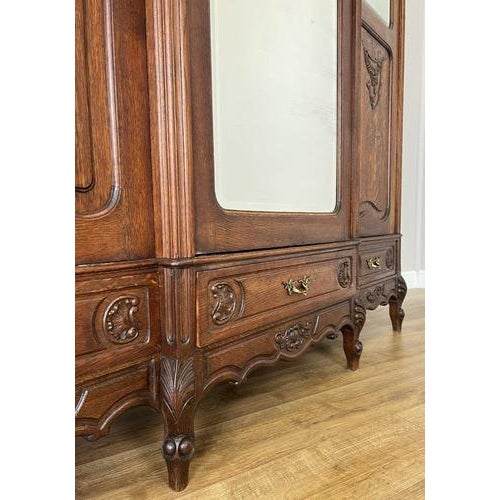 Antique French Rocaille Carved Oak 3-Door Armoire with Mirror For Sale - Image 9 of 14