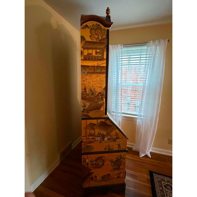 Chinoiserie Hand-Painted Vintage Chinoiserie Village Scene Secretary Desk & Bookcase For Sale - Image 3 of 17