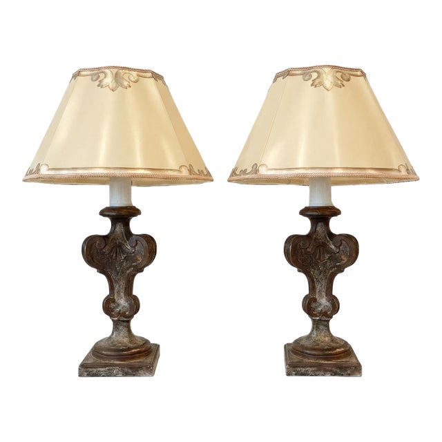 Vintage Dagmar Carved Wood Table Lamps With Silk Shade, a Pair For Sale