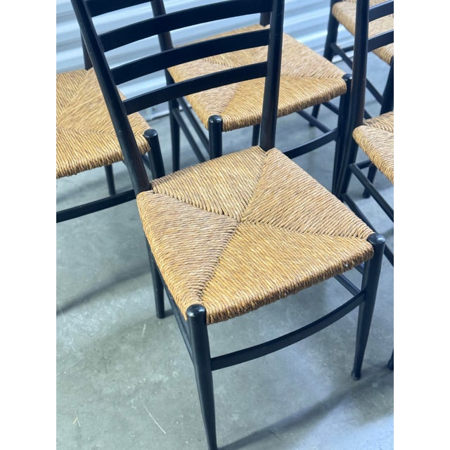 Set of 5 Italian Black Ladder Back Dining Chairs With Rush Seats, 1960s For Sale - Image 4 of 12