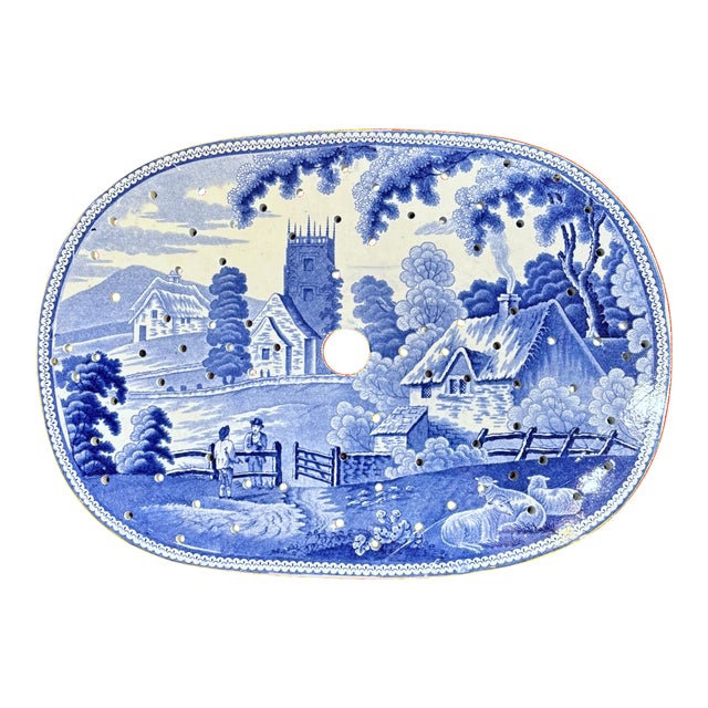 Early 19th C. Blue and White Staffordshire Transferware Meat Drainer With Platter in "Village Church" Pattern - a Pair For Sale - Image 4 of 14