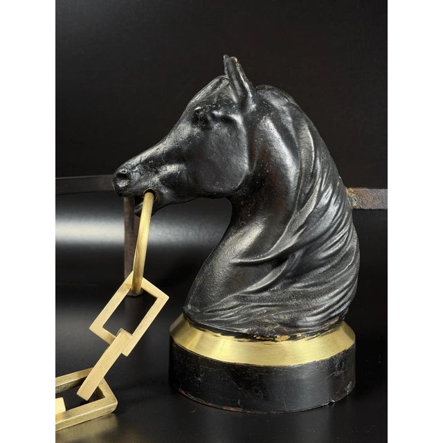 French Horse Head Andirons in Brass and Iron, 1950s, Set of 2 For Sale - Image 3 of 17