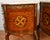 1930s Pair French Louis XV Walnut Satinwood Inlay & Marble Top Nightstands / Small Commodes For Sale - Image 15 of 18