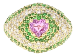 3.73 Carat Pink Sapphire Tsavorite Diamond 18 Karat Yellow Gold Ring, Size 7