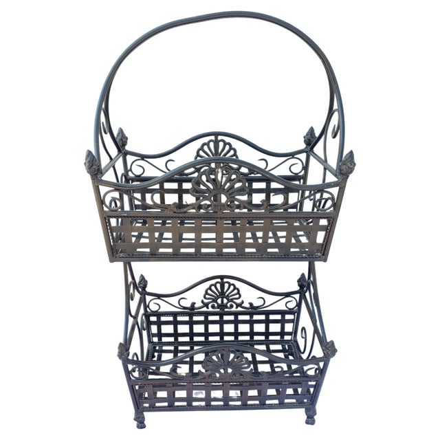 Metal Vintage Wrought Iron Two Tier Standing Basket For Sale - Image 7 of 8