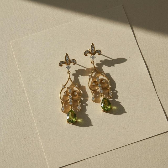 Fleur De Lis Chandelier Earrings Studs With Peridot in Silver, Gold, A Pair For Sale - Image 6 of 6