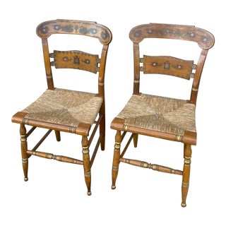 Vintage Ethan Allen Hitchcock Style Stenciled Maple & Rush Button Back Dining Chairs - a Pair For Sale