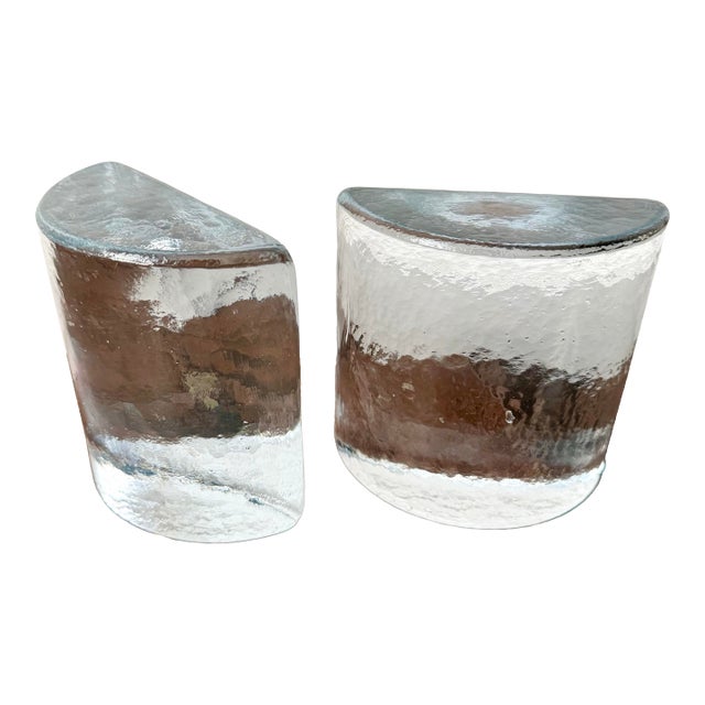 Pair Mid Century Modern Blenko Half Moon Clear Glass Bookends by Wayne Husted For Sale