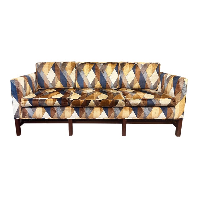 Mid-Century Velvet Geometric Patterned Sofa For Sale