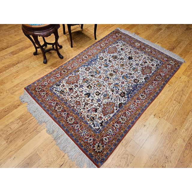 Cream Vintage Persian Isfahan Rug, Hand-Knotted Wool & Silk, Allover Floral Pattern, Ivory & Brick-Red, 4x6 For Sale - Image 8 of 18