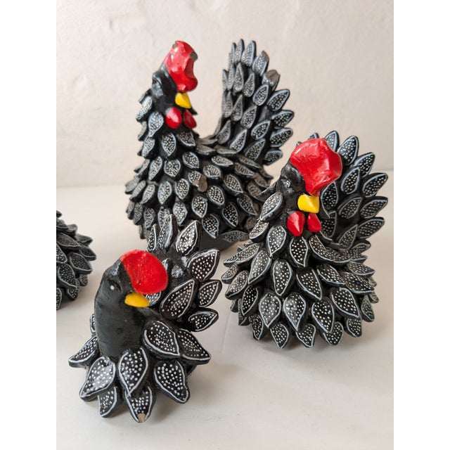 Black Set of 7 South American Clay Folk Art Chickens – Hand-Painted For Sale - Image 8 of 12
