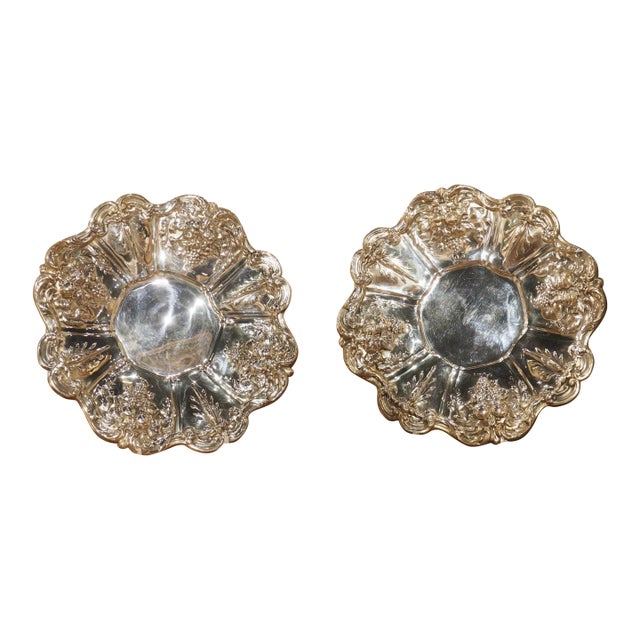 Pair of Scalloped Sterling Silver Platters With Repousse Fruit Motifs For Sale