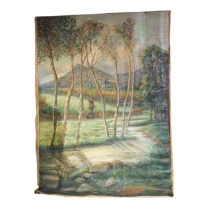 Large French Landscape Painting of a Hunter and Hillside Village, Signed and Dated 1962