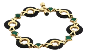 Diamond Green Black Onyx 14k Yellow Gold Circle Link Bracelet