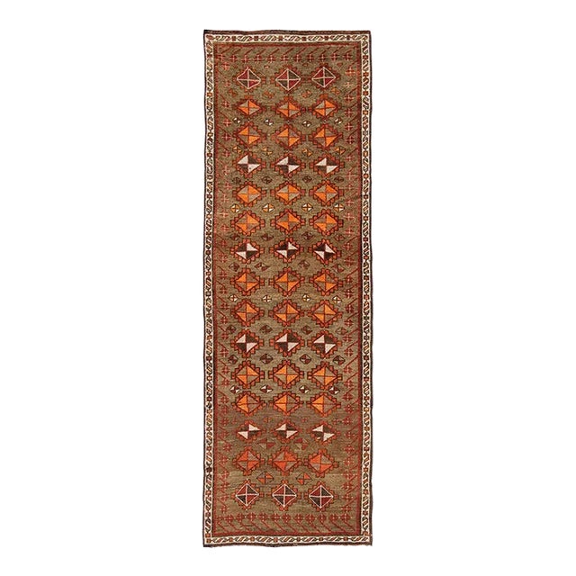 Antique Turkish Tribal Runner in Diamond Design and Geometrics in Green, Rust For Sale