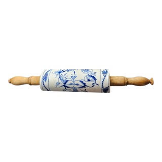 Antique Meissen Germany Blue Onion Vine Rolling Pin 15" Porcelain Wood Handle For Sale