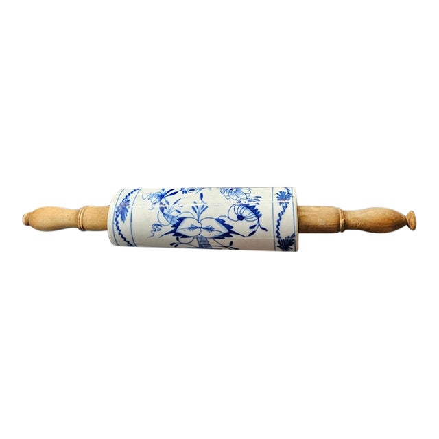 Antique Meissen Germany Blue Onion Vine Rolling Pin 15" Porcelain Wood Handle For Sale