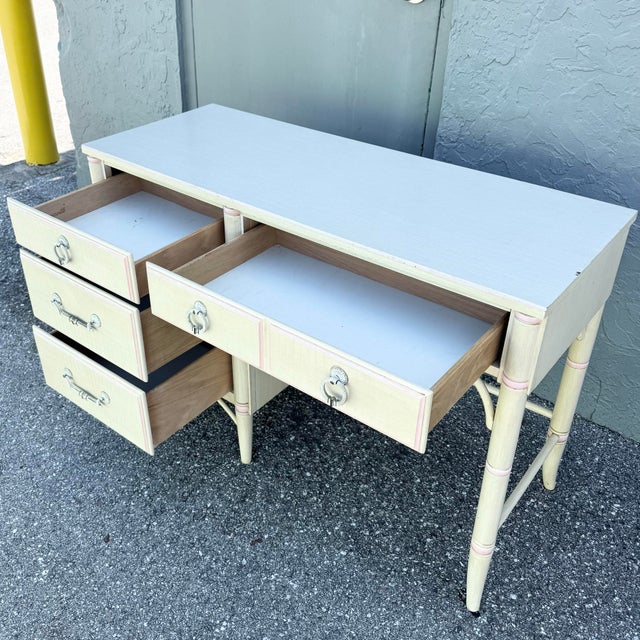 Mid 20th Century Vintage Coastal Faux Bamboo Cream and Pink Desk by Thomasville For Sale - Image 5 of 8