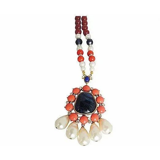 Modern Signed Gerard Yosca Faux-Baroque Pearl & Rhinestone Pendant Necklace For Sale - Image 3 of 7
