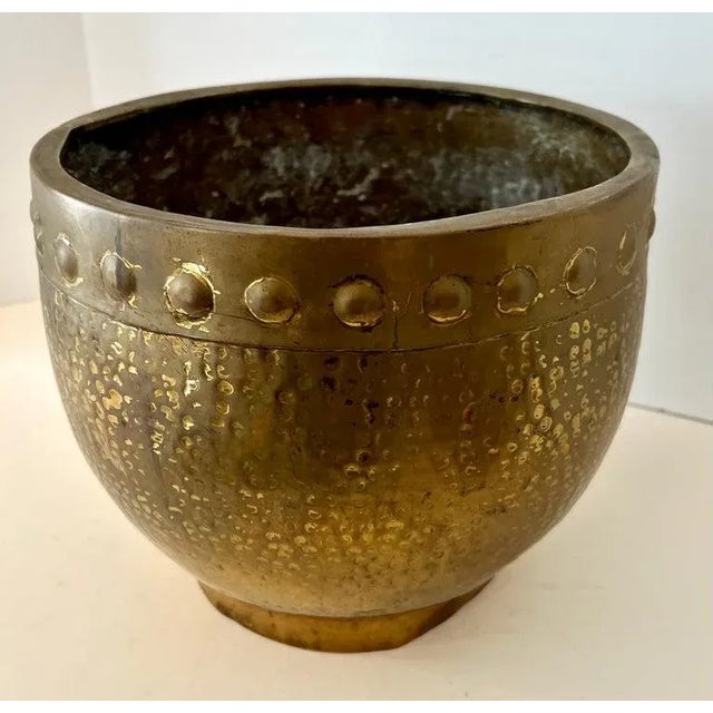 Solid Hammered Brass Cachepot Jardiniere Planter with Rim Details For Sale - Image 4 of 10