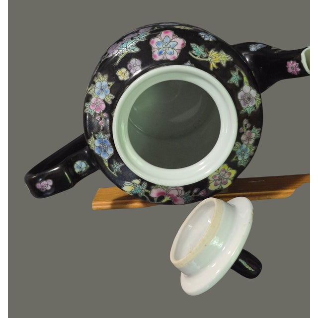 Vintage Famille Noire Jingdezhen China Millefleur Painted Enamel Tea Pot For Sale - Image 10 of 11