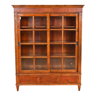 Ethan Allen French Regency Louis XVI Carved Cherry Wood Lighted Bookcase or Display Cabinet For Sale