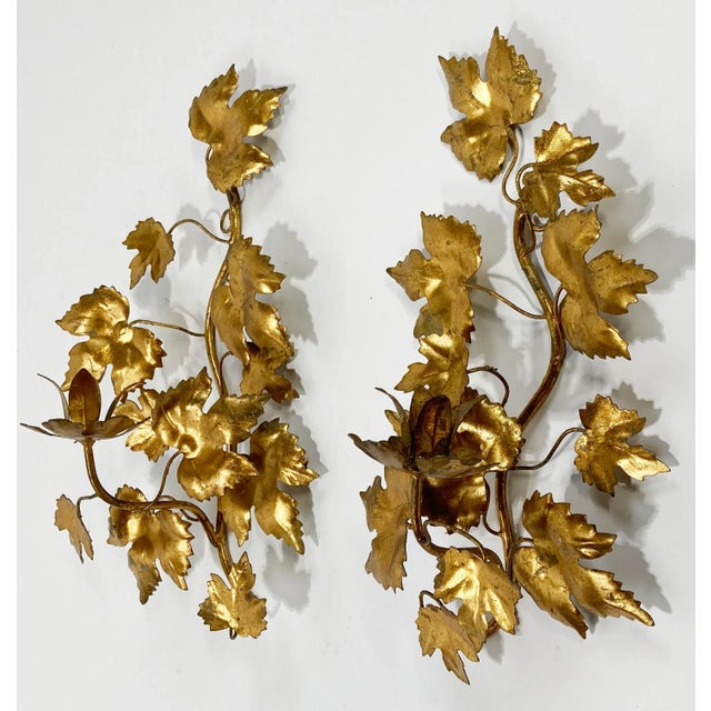 Vintage Italian Gilt Tole Metal Wall Candle Sconces, a Pair For Sale - Image 4 of 8