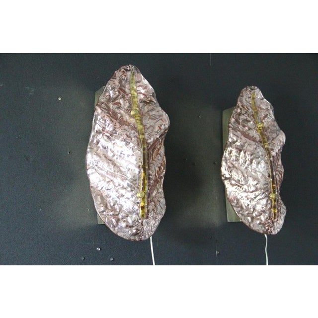 Pink and Gold Murano Glass Wall Sconces in the Shape of Leaves, 2000s, Set of 2 For Sale - Image 3 of 12