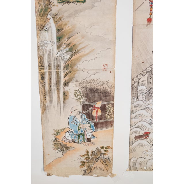 Cream 19th Century Japanese Watercolor Triptych Scroll Painting, Signed For Sale - Image 8 of 12