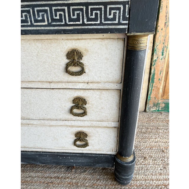 French Empire Greek Key Painted Marble Top Commode - Mid 19th C For Sale - Image 4 of 11