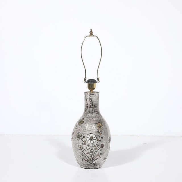 Mid-Century Gray Glazed Ceramic Table Lamp With Floral Motifs by Paul Quéré For Sale - Image 4 of 14