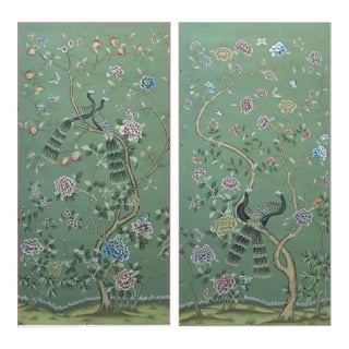 W36"* H72", Emerald Green Peacock Peony 2-Panel Chinoiserie Wallpaper Panels ,Tea Paper For Sale
