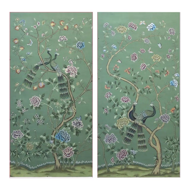W36"* H72", Emerald Green Peacock Peony 2-Panel Chinoiserie Wallpaper Panels ,Tea Paper For Sale