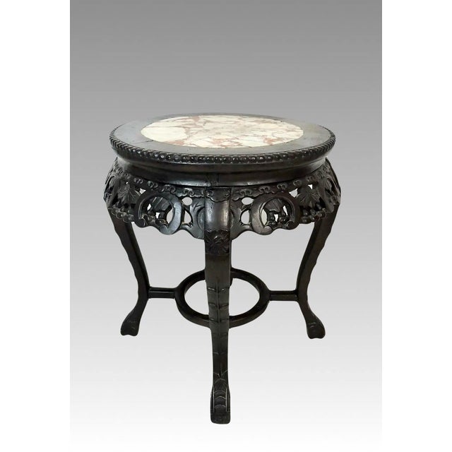 Chinoiserie Antique Chinese Carved Rosewood and Beige Marble Plant Display Stand/Pedestal, Side Table, or Stool For Sale - Image 3 of 10