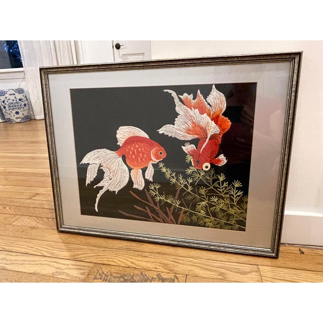 Vintage Chinoiserie Embroidered Koi Framed Artwork For Sale - Image 4 of 11