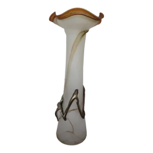 Filip Ravert Style Romania Romblast Art Glass Pitcher With Bronze Overlay