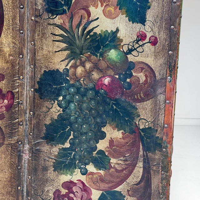 Brown Antique French Hand-Painted Leather 4-Fold Room Divider Screen, 1890s For Sale - Image 8 of 10