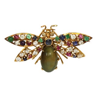 Diamond & Multi-Color Gems Jade 14k Yellow Gold Winged Bug Brooch For Sale