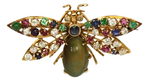 Diamond & Multi-Color Gems Jade 14k Yellow Gold Winged Bug Brooch