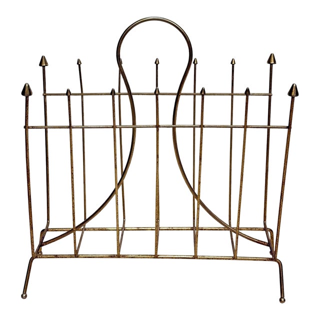 Mid-Century Gold Aluminum Spear Head Record Caddy Magazine Rack For Sale