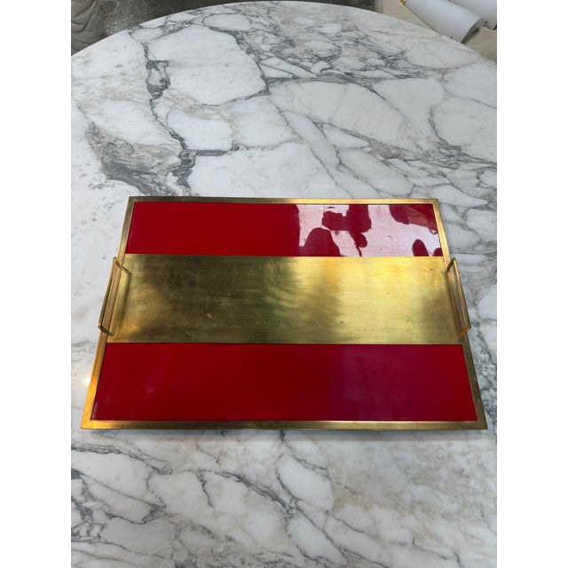 1970s Vintage Red Lacquer & Brass Serving Tray With Handle For Sale - Image 5 of 7