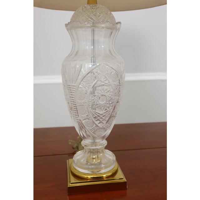 Traditional Etched Crystal Table Lamp W. Brass Base For Sale - Image 3 of 9