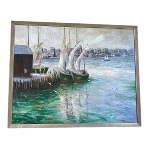 Oil Painting of Gloucester Harbor in Massachusetts., Framed