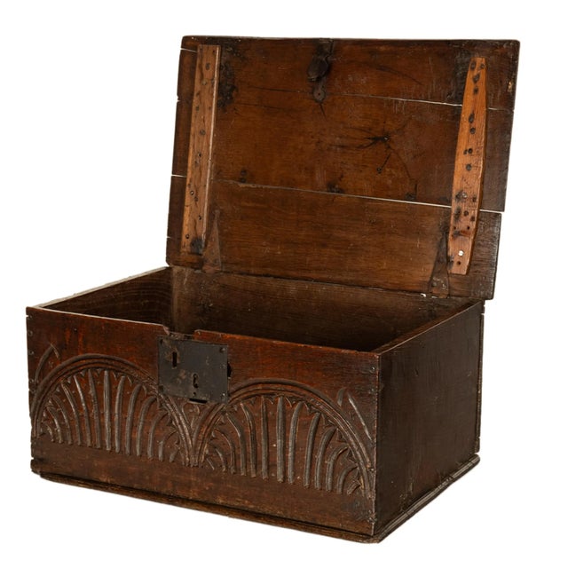 Antique 17th Century Charles II Carved Oak Bible Document Box 6 Plank Trunk 1680 For Sale In Portland, OR - Image 6 of 15