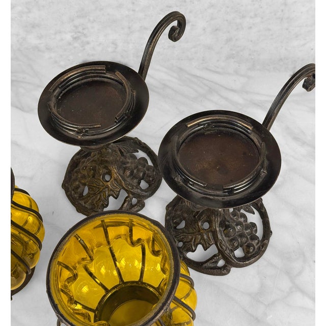 Vintage Gothic Revival Wrought Iron & Blown Amber Glass Candle Holders - A Pair For Sale - Image 6 of 9